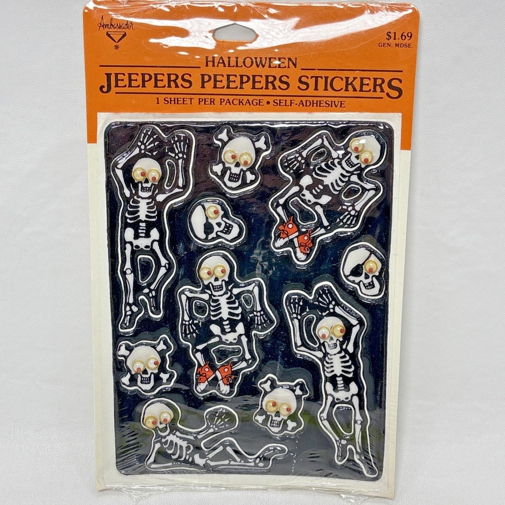 Vintage Hallmark‎ Puffy Stickers 80s NOS Googly Eyes Skeleton Sheet Halloween